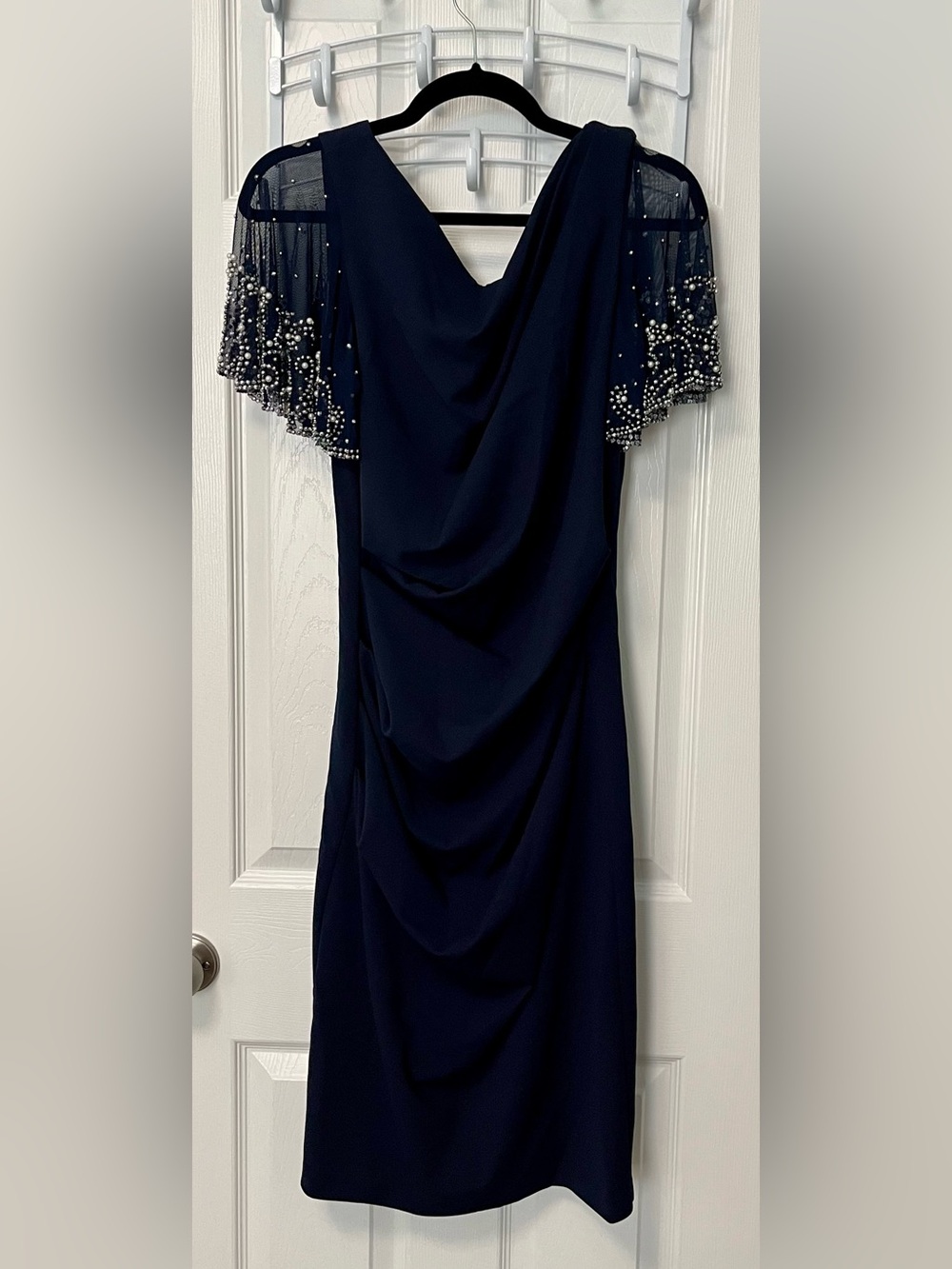 Beaded Navy Midi Dress with Draped Front